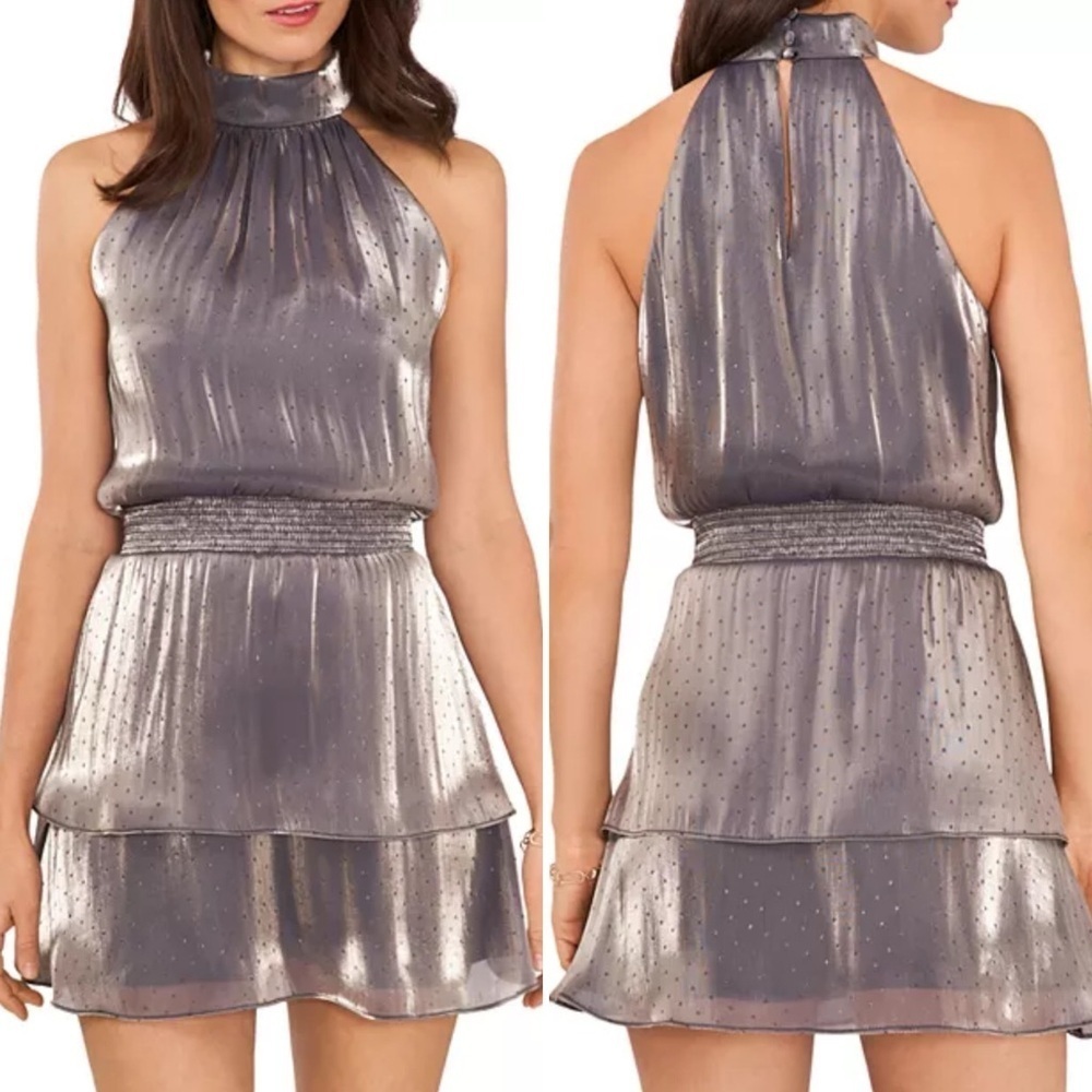 1.State‎ NWT Metallic Dot Halter Mini Dress Medium silver tiered cocktail party